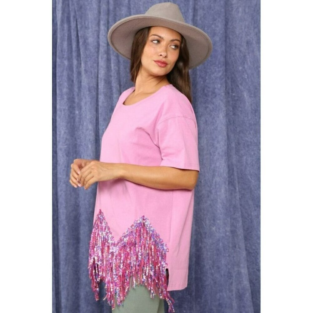 Here for the Fringe Chevron Sequin Top in Lavender - Picture 6 of 10